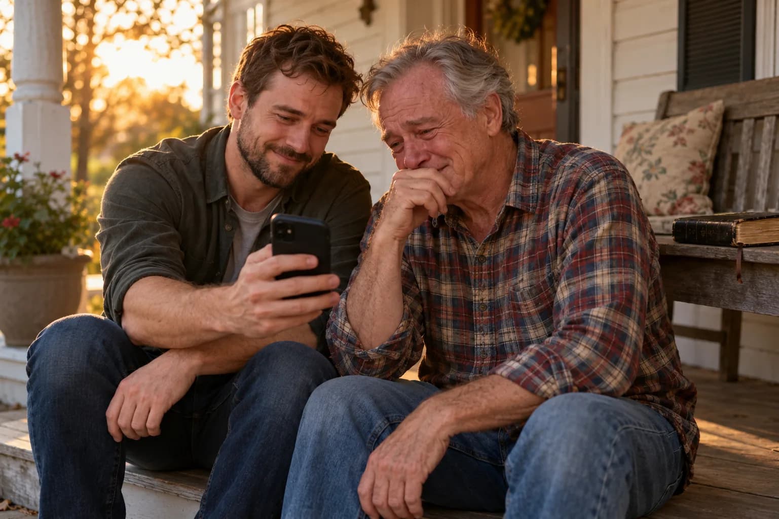 A son plays his father a custom Christian song on the front porch