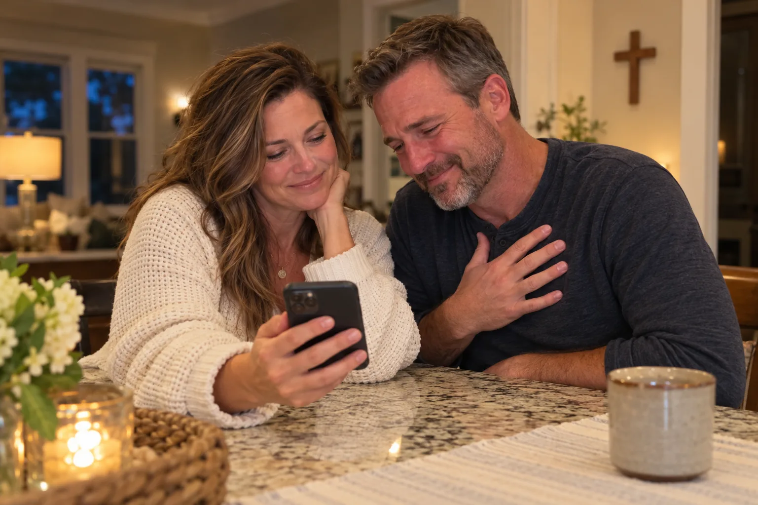 A wife plays her husband a custom Christian song at the kitchen island