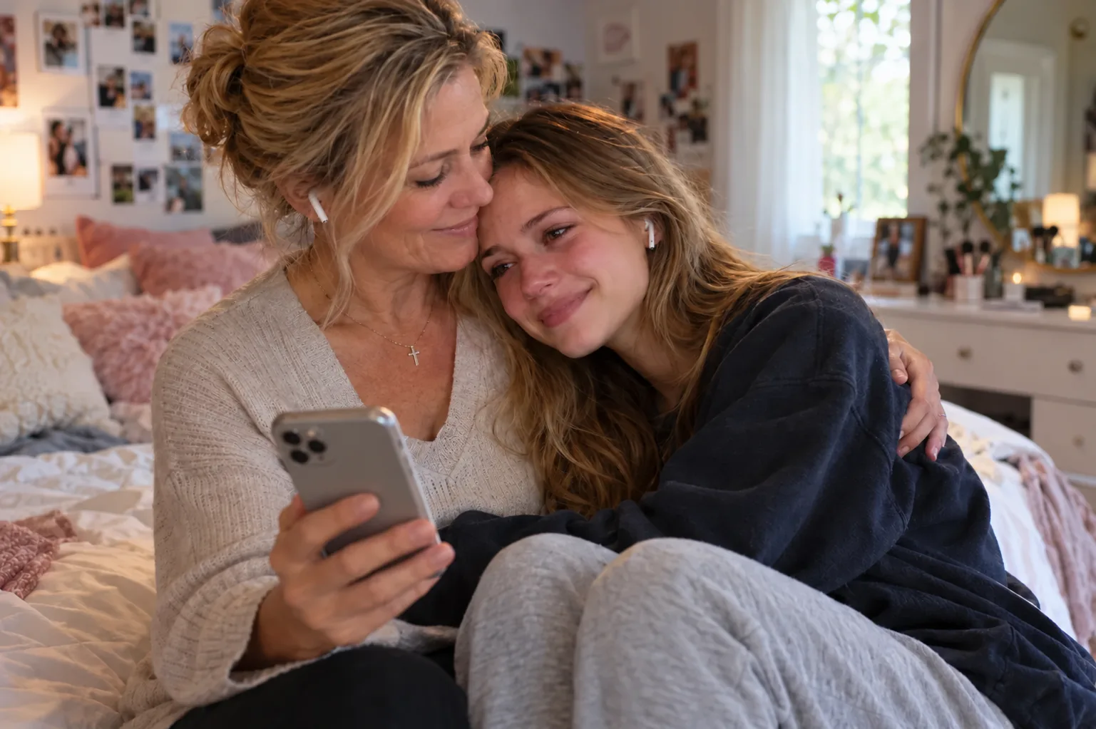 A mother hugs her teenage daughter while they listen to the song she had made for her