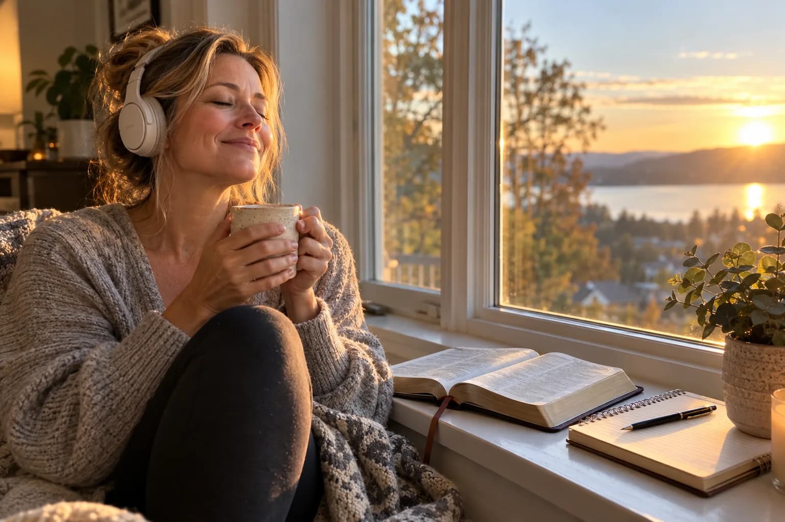 A woman listens to her own Christian song by the window in the morning, an open Bible beside her