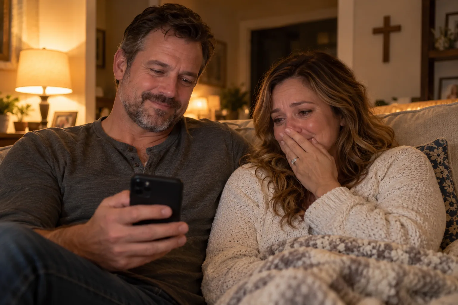 A husband plays his wife a custom Christian song on the couch, she is deeply moved