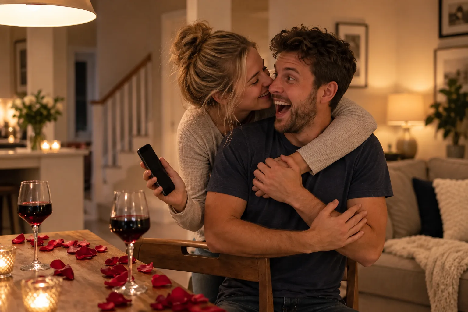 Surprised partner hearing their personal love song on Valentine's Day