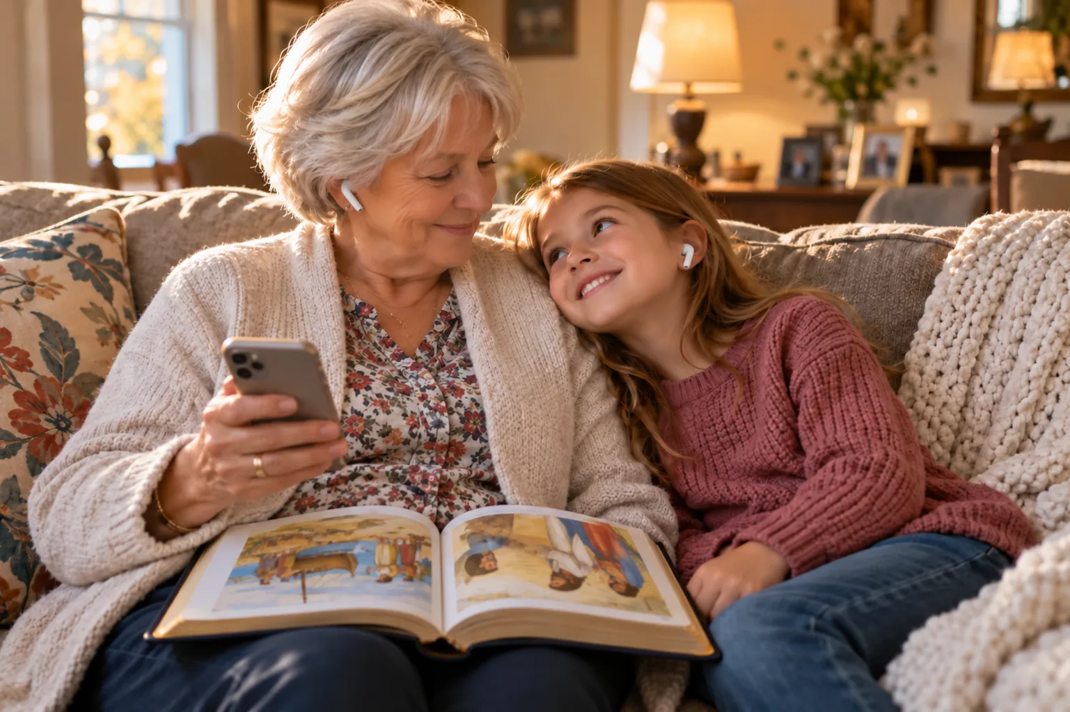 A grandmother and her granddaughter listen to a custom Christian song together on the sofa