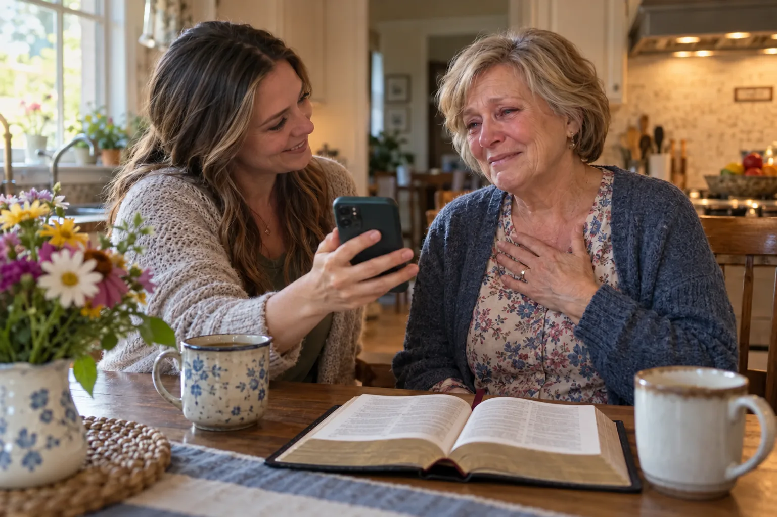 A daughter plays her mother a custom Christian song at the kitchen table, an open Bible next to them
