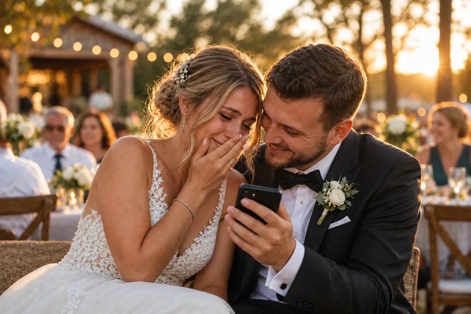 Bride and groom listening to their personal wedding song together and laughing