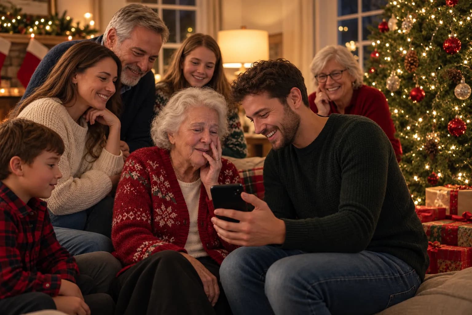 Family listening to a personal song together by the Christmas tree