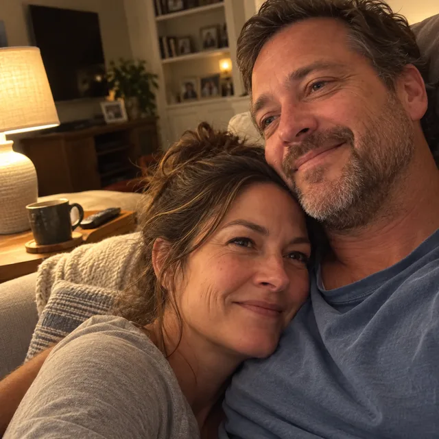 Song cover: couple in their late forties sitting close together on the sofa in the evening