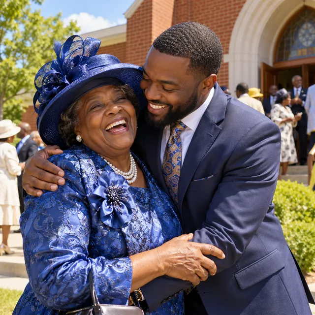 Song cover: woman in a blue church hat laughing as her son hugs her after Sunday service